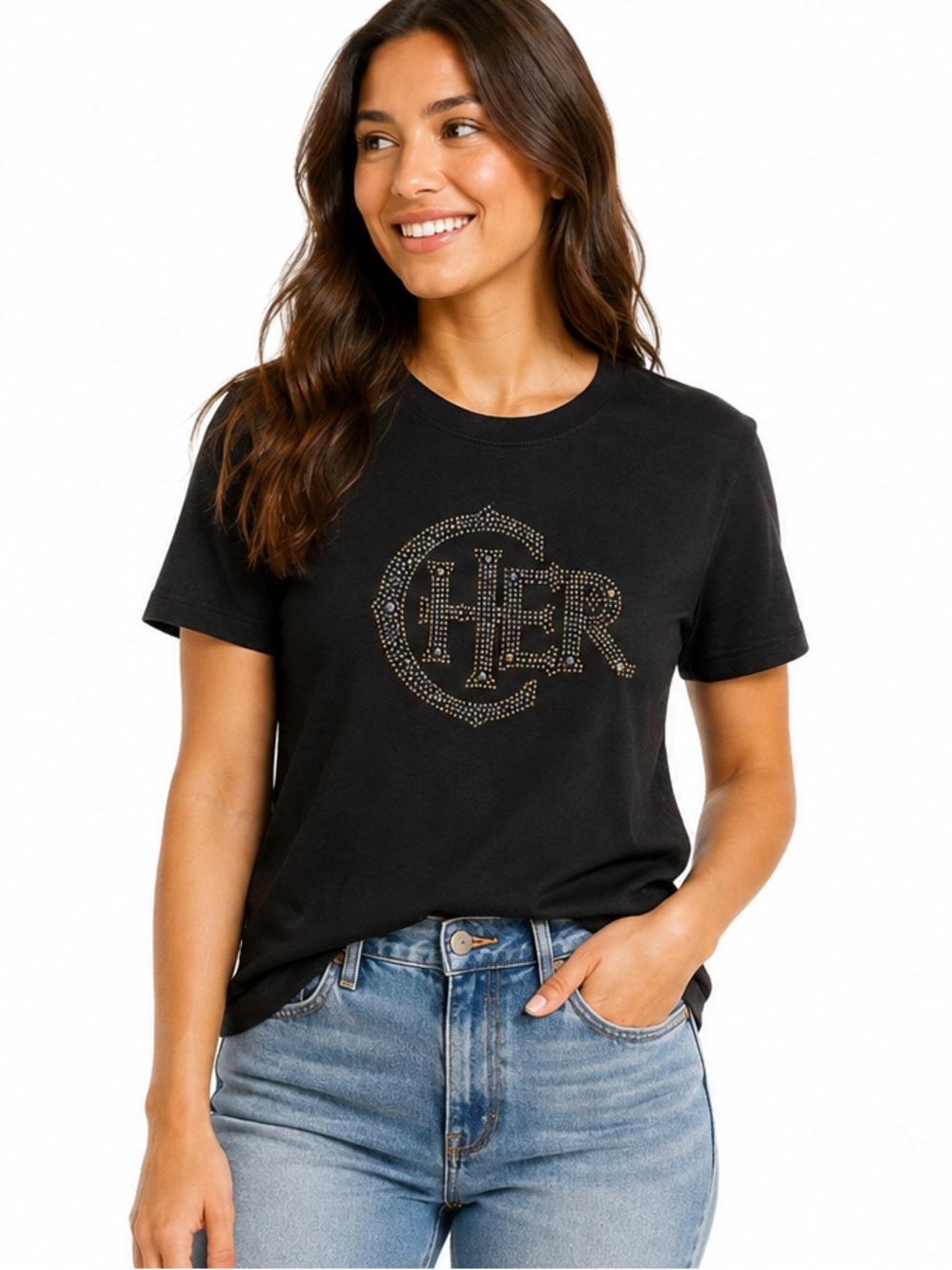 CHER Rhinestone Studded Black Graphic Tee Y2K Size Medium